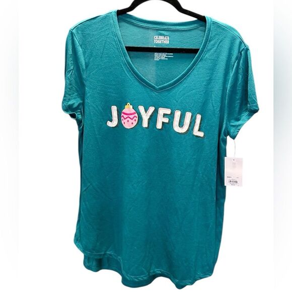 NWT Women’s Teal V Neck Short Sleeve Holiday Graphic T-Shirt “Joyful” - Size L - Picture 2 of 5